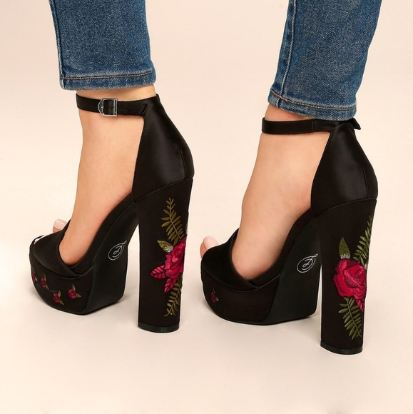 Chinese Laundry Shoes - Chinese Laundry Amy Black Satin Embroidered Platform Heels